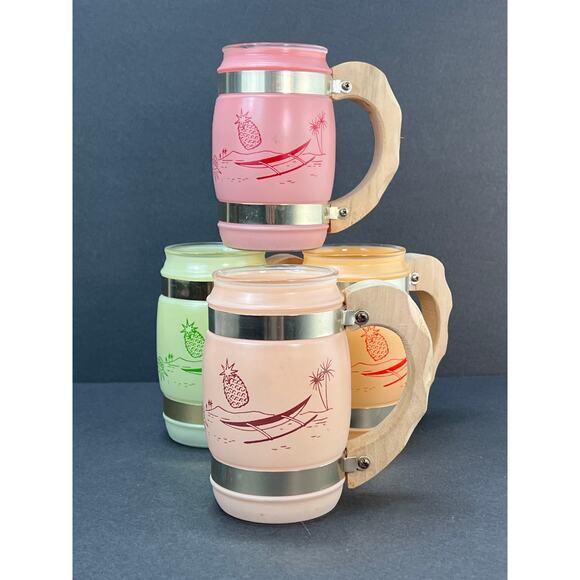 Vtg Siesta Ware Mugs 4 Set Frosted Wood Handles Tiki Bar Mid Century Tropical - Picture 1 of 10
